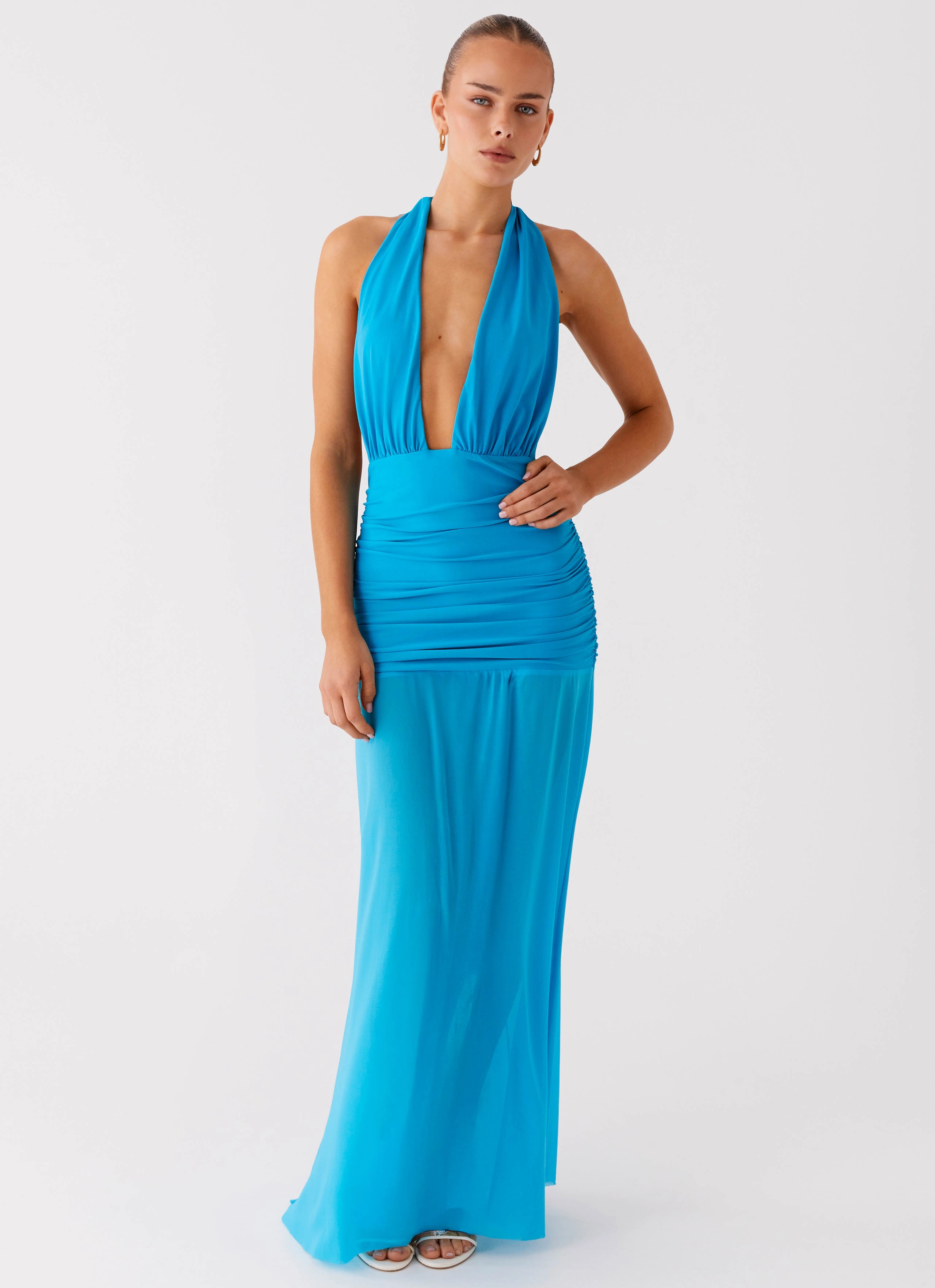 Side Pleats Dilemma Halter Maxi Dress - Turquoise Blue