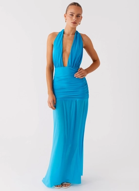 Side Pleats Dilemma Halter Maxi Dress - Turquoise Blue