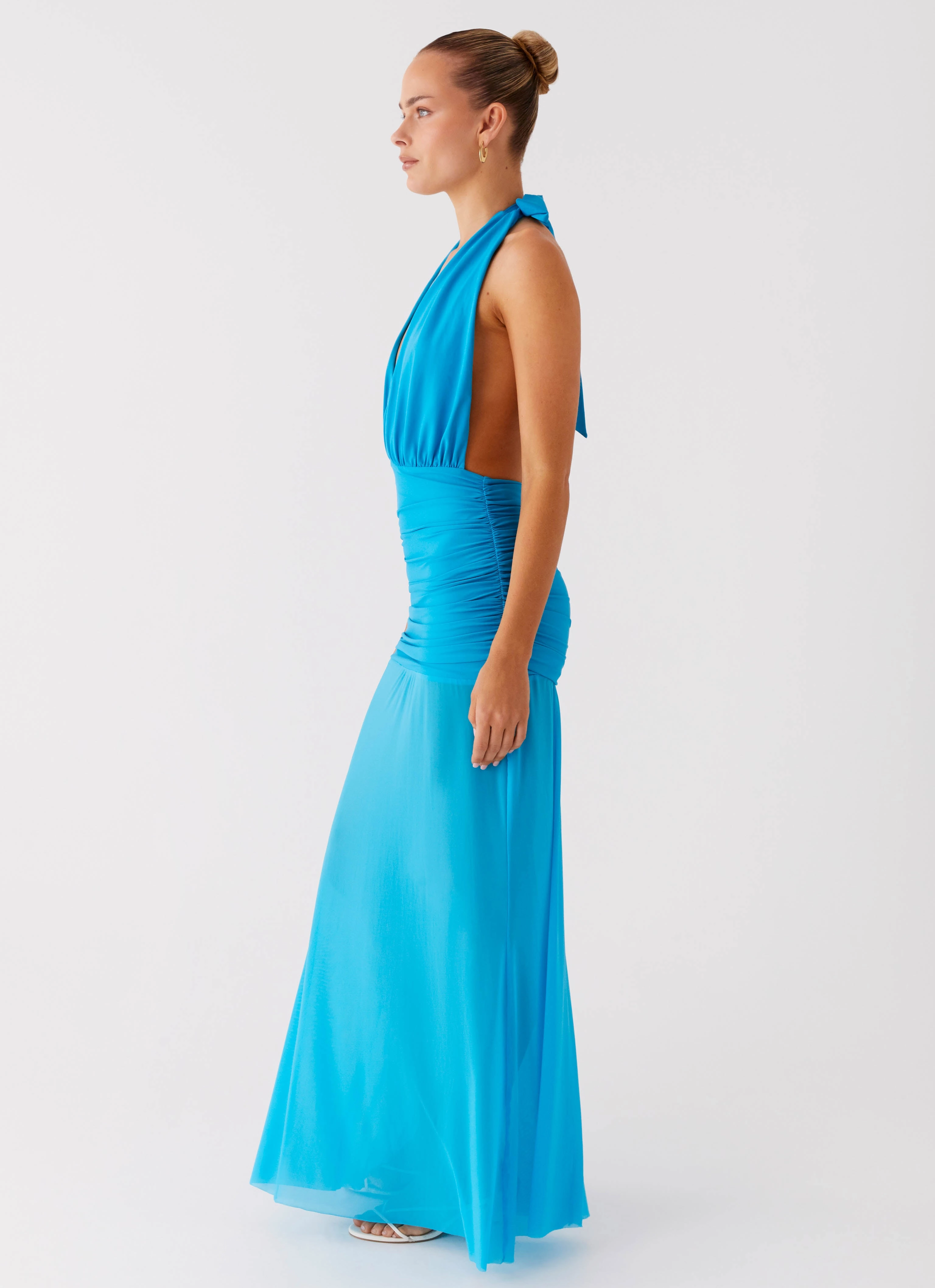 Dilemma Halter Maxi Dress - Turquoise Blue Cotton Touch Work-Ready Look