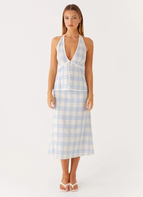 Esther Midi Skirt - Blue Check Seersucker Chilly Wear Chic Design Wear