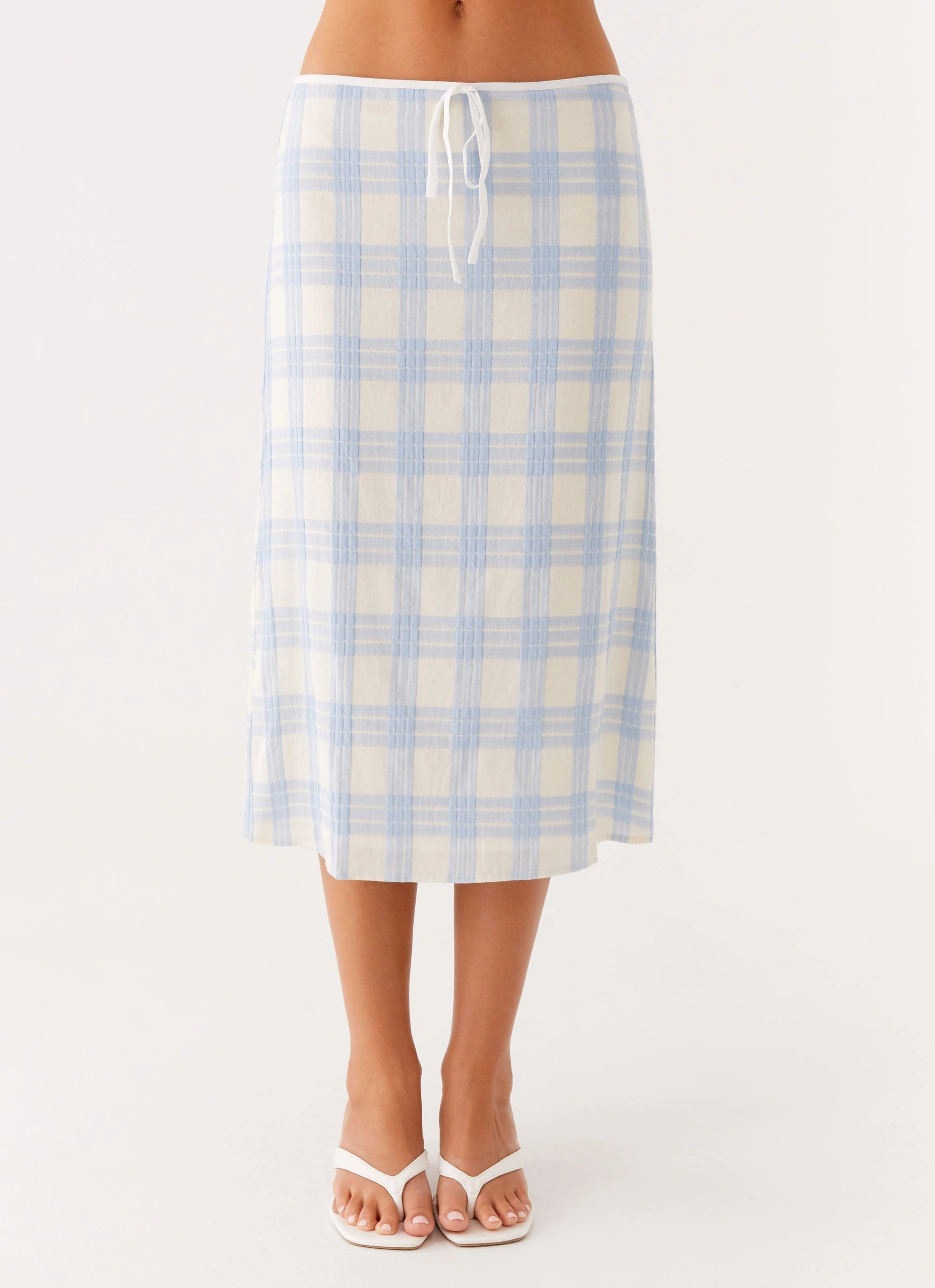 Easy Access Form Fitting Esther Midi Skirt - Blue Check Seersucker