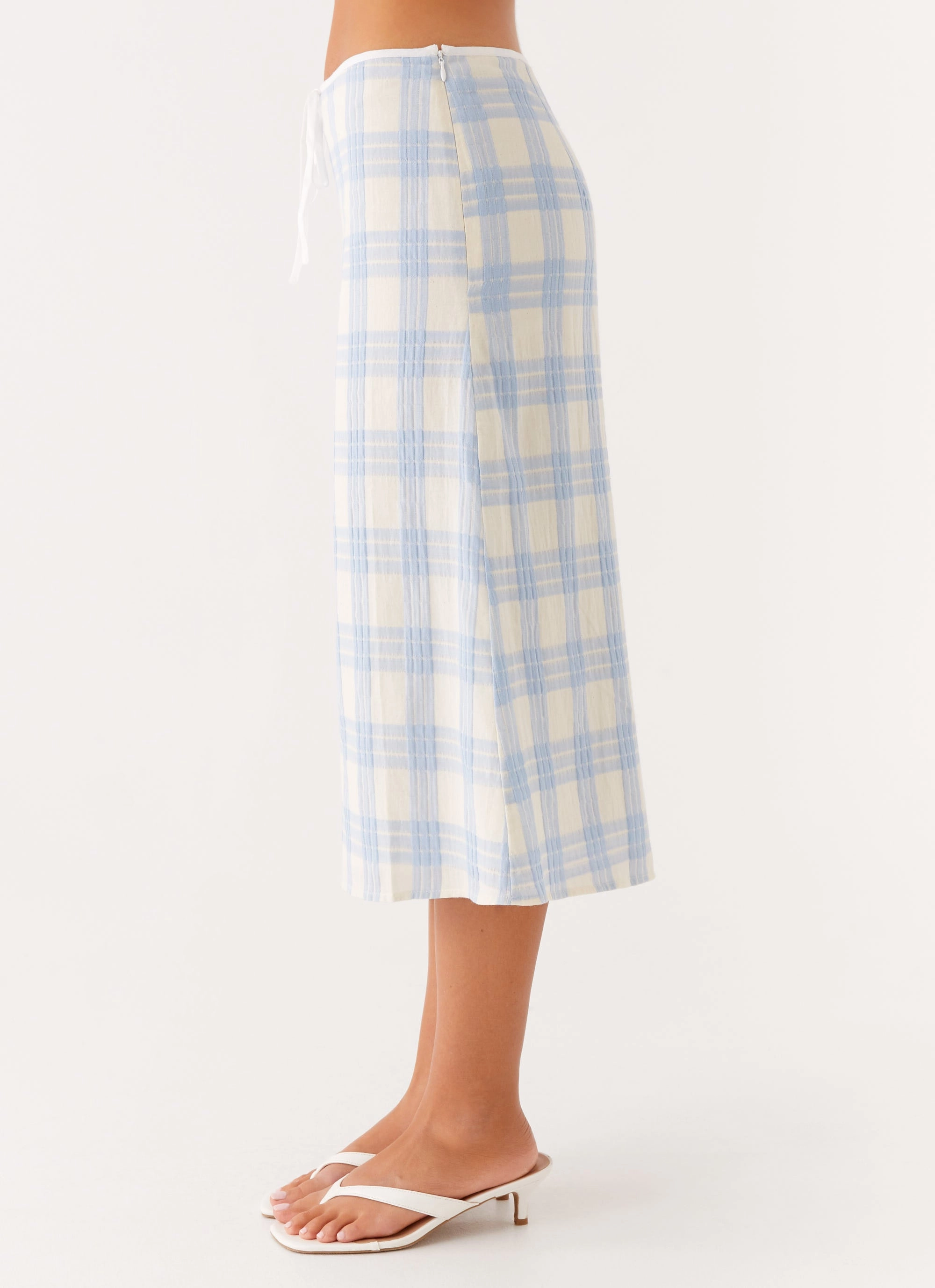 Esther Midi Skirt - Blue Check Seersucker Flowy legs Tailored Wear