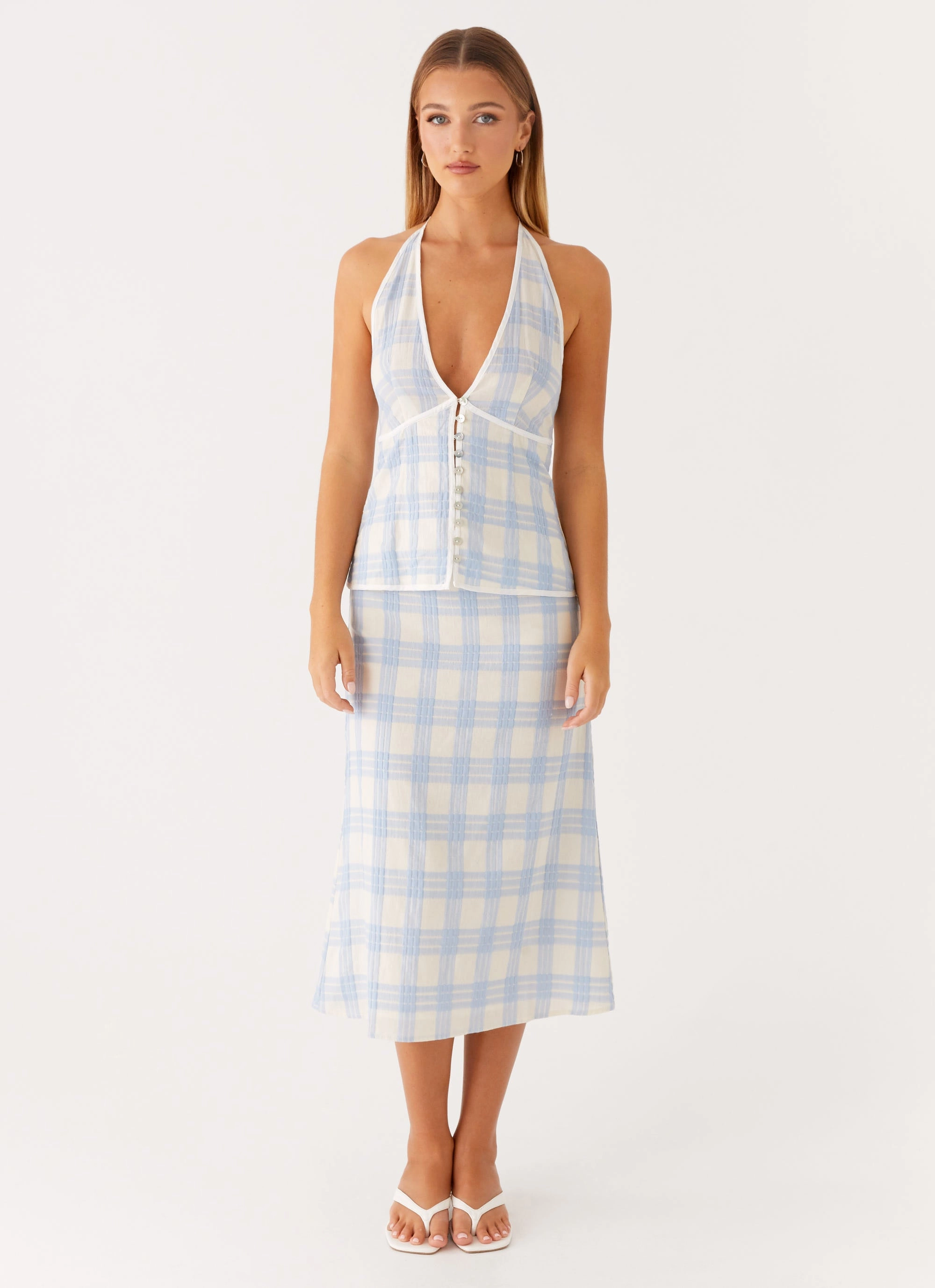Esther Midi Skirt - Blue Check Seersucker Chilly Wear Chic Design Wear