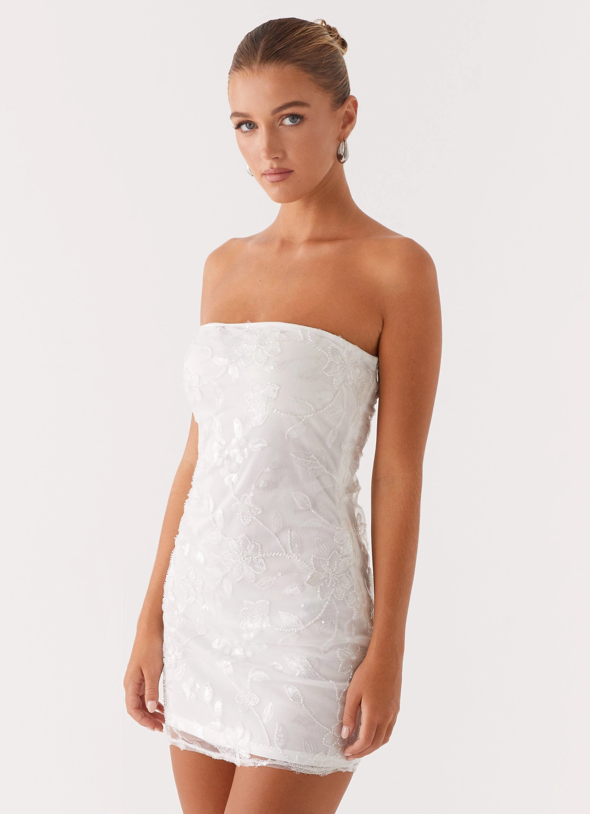 Moorey Beaded Mini Dress - White Silver Thermal-Lined
