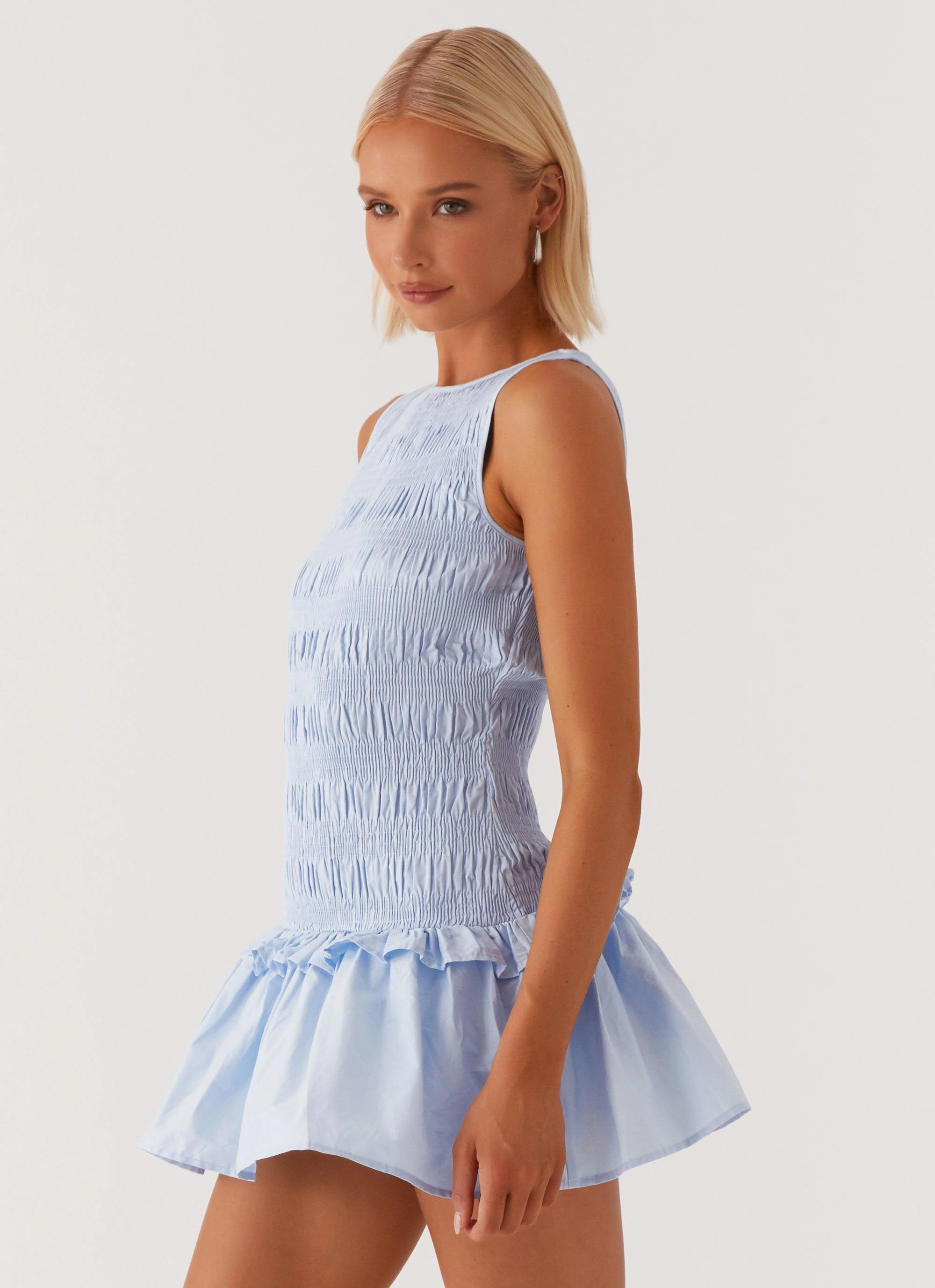 Halter-Neck Refined Stitch Garden Kisses Shirred Mini Dress - Blue