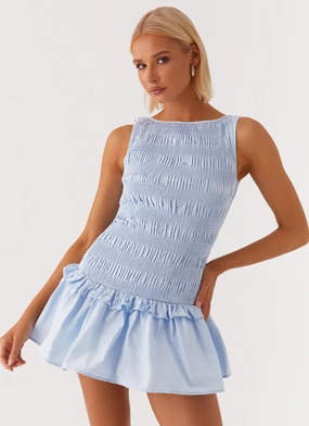 Day Chic Long Lines Garden Kisses Shirred Mini Dress - Blue