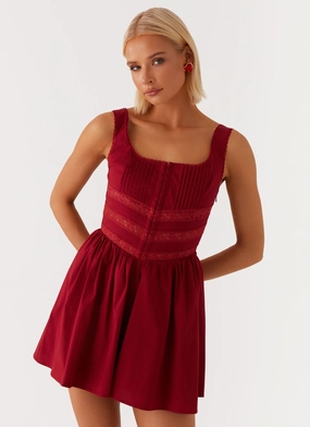 Snap-Closure Eleanor Lace Trim Mini Dress - Red