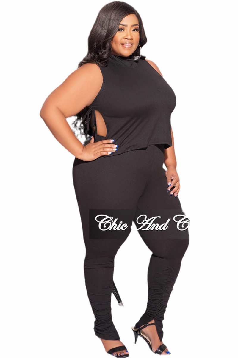 Final Sale Plus Size 2pc Mock Neck Side Knot Tie Crop Top and Ruched Pants Set in Black All Day Fit Comfort Focused