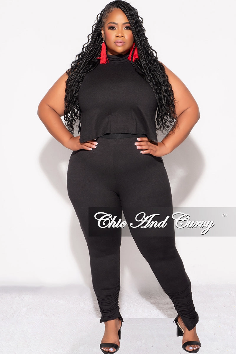 Anti Snag Threading Final Sale Plus Size 2pc Mock Neck Side Knot Tie Crop Top and Ruched Pants Set in Black