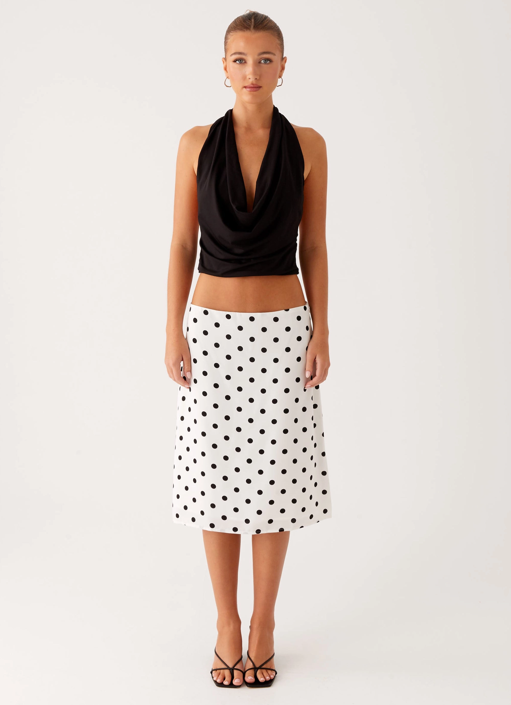 Evoke Chiffon Midi Skirt - White Polka Dot Comfy Material RipstopFabric