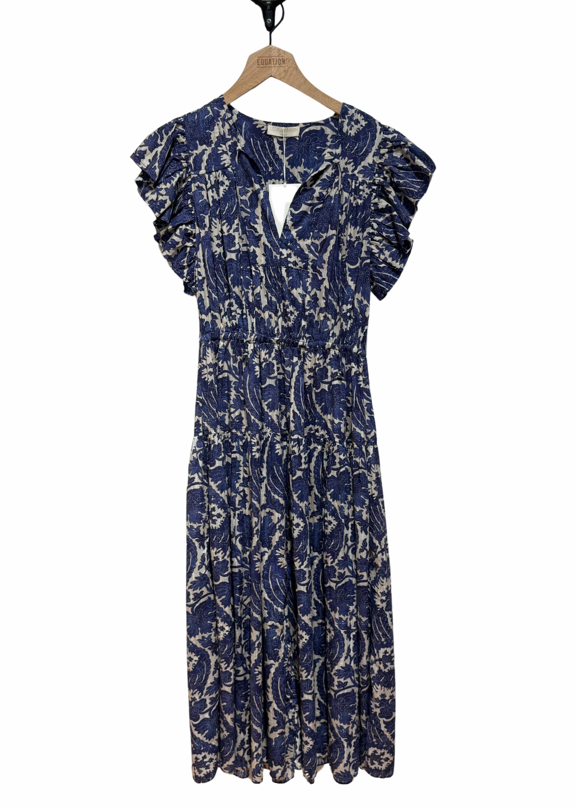 Ulla Johnson Kairi Flutter Sleeve Midi Dress Ocean Buckle-Detail Sheer-Overlay