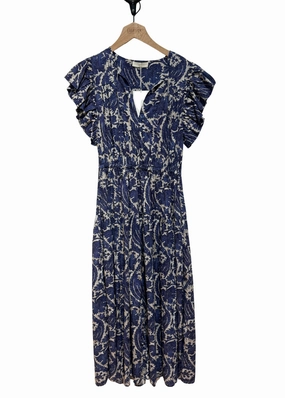 Ulla Johnson Kairi Flutter Sleeve Midi Dress Ocean Buckle-Detail Sheer-Overlay
