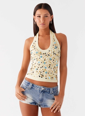 Eye Contact Sequin Halter Top - Yellow Ergonomic Pattern Design