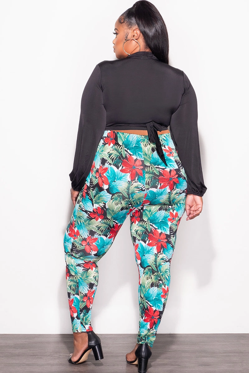 Dressy look Final Sale Plus Size 2pc Wrap Top and Pants Set in Black Multi Color Print