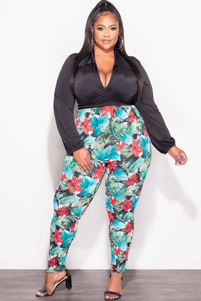 City Ready Final Sale Plus Size 2pc Wrap Top and Pants Set in Black Multi Color Print