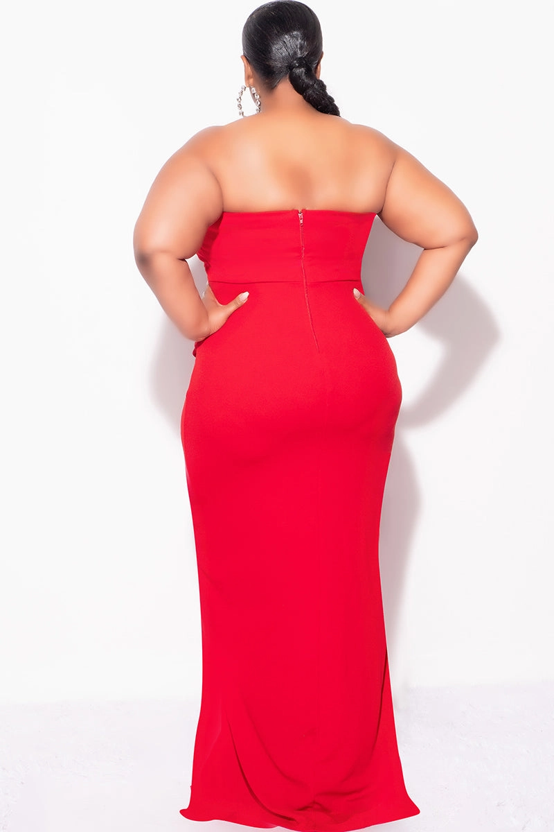MeshPanelIntegration Final Sale Plus Size Strapless Pleated Ruffle Gown with Front Slit in Red