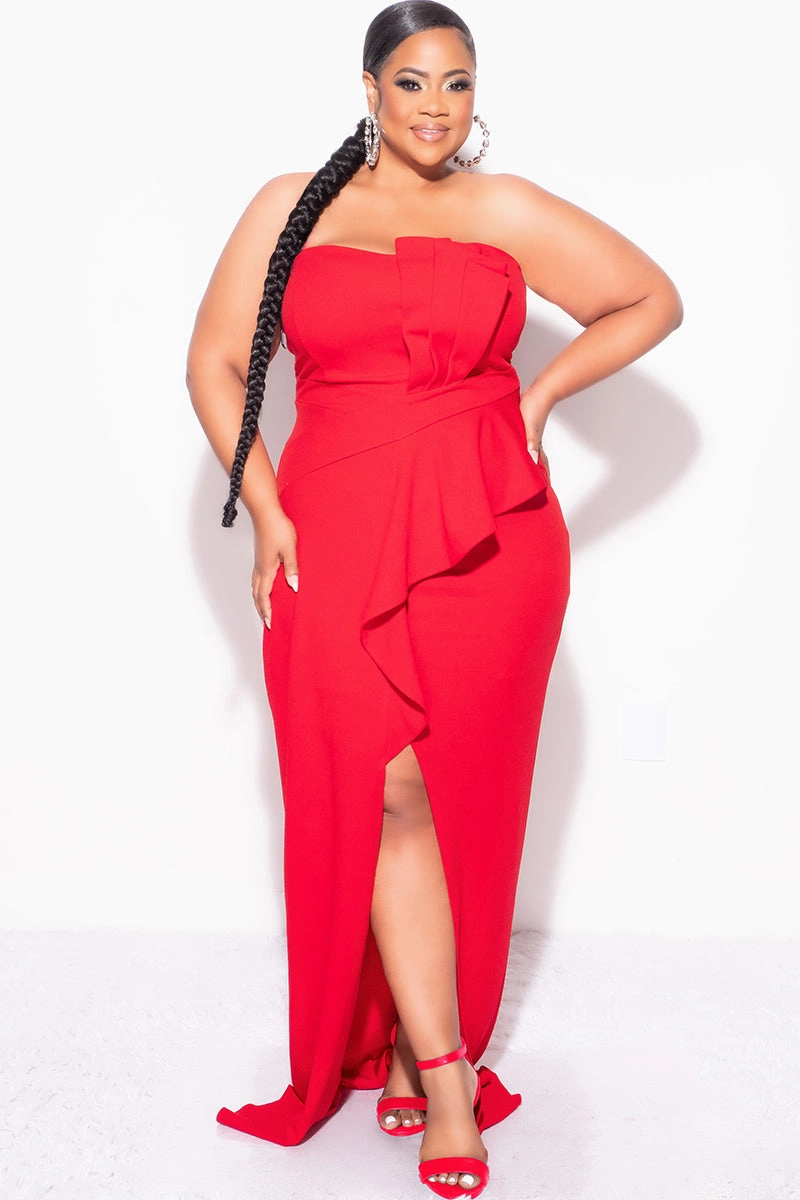 Sporty Cardigan AntiOdorTreatment Final Sale Plus Size Strapless Pleated Ruffle Gown with Front Slit in Red
