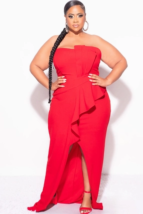 Versatile Layering Piece Final Sale Plus Size Strapless Pleated Ruffle Gown with Front Slit in Red
