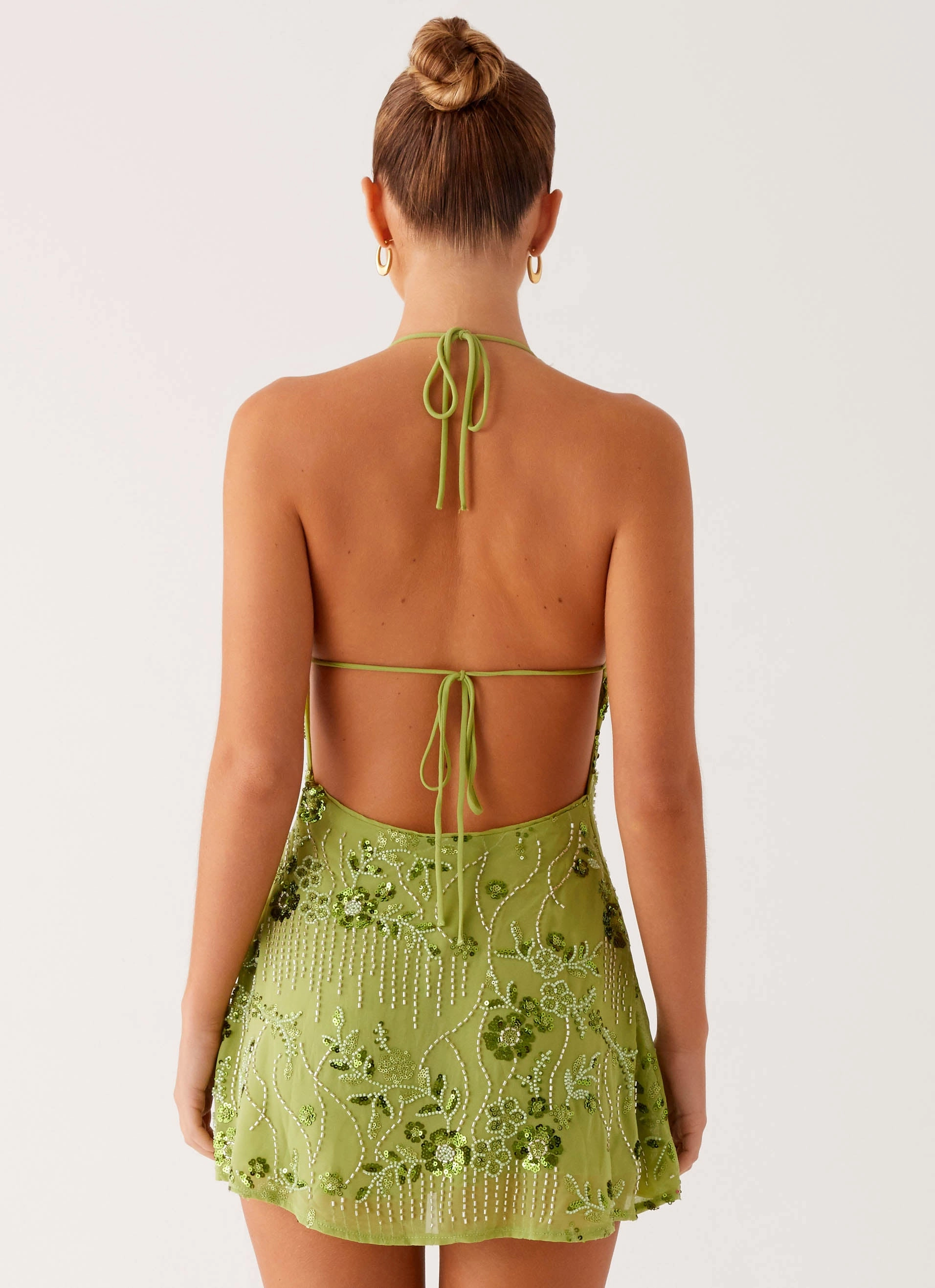 Leo Beaded Mini Dress - Green Romantic Vibes Comfortable Waistband