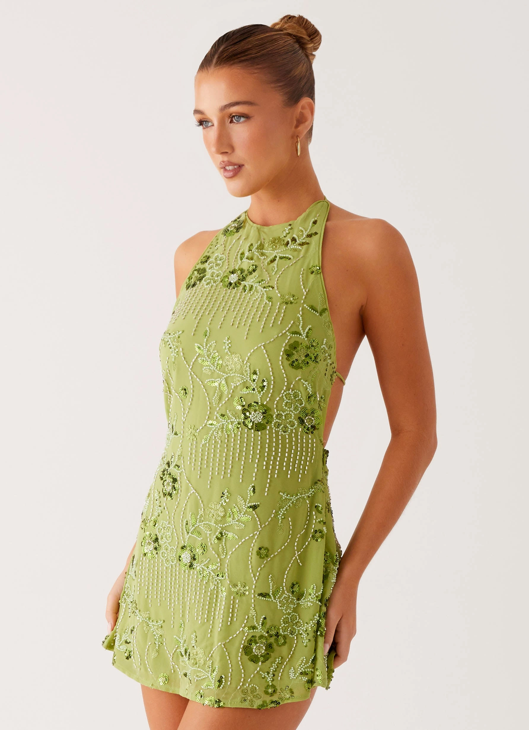 Detachable-Detail Leo Beaded Mini Dress - Green