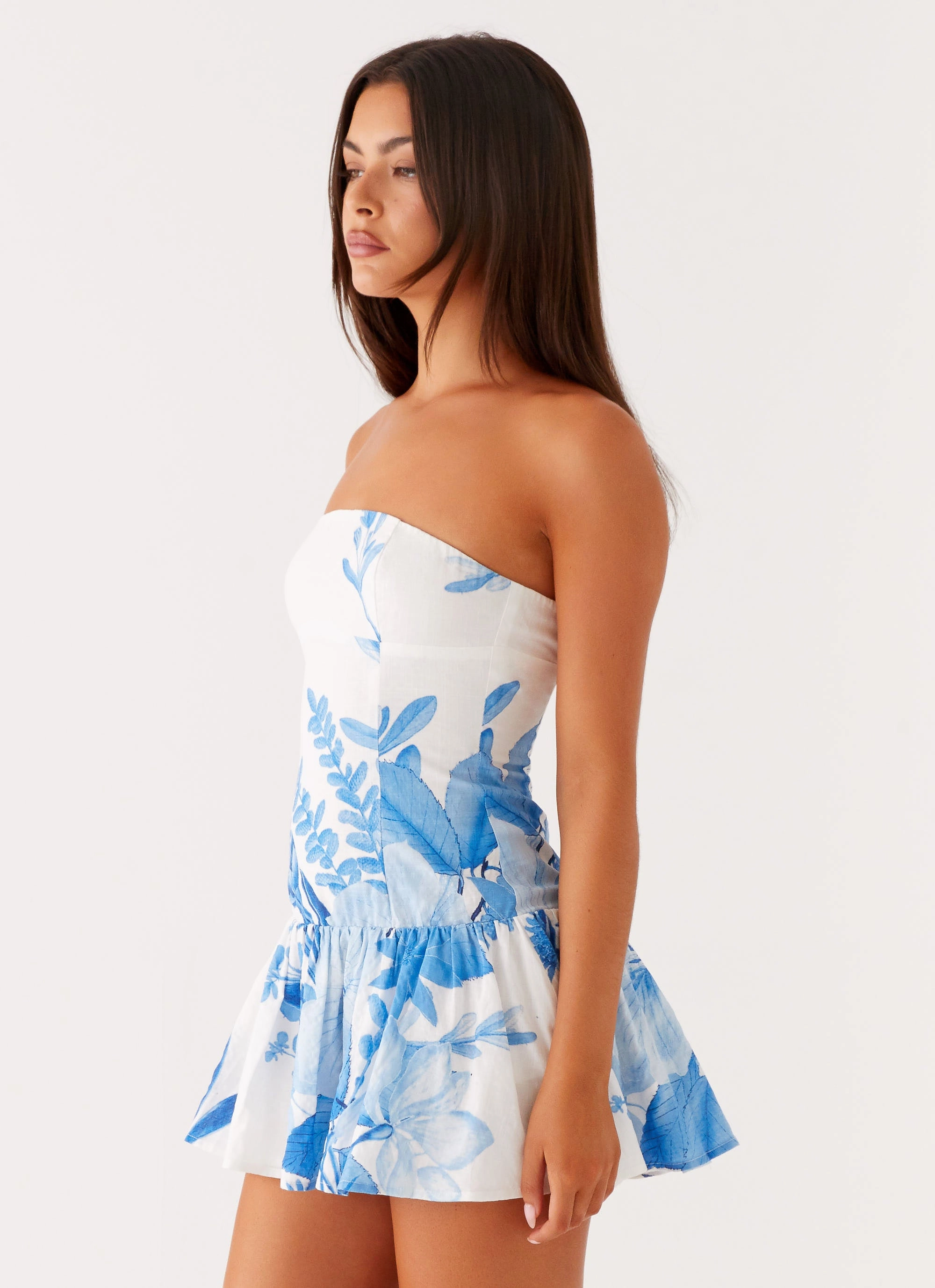 Stylish Waistband Fit Mario Mini Dress - Blue Floral Print