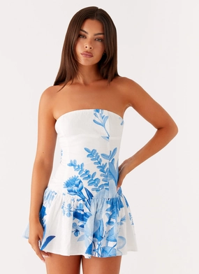 Mario Mini Dress - Blue Floral Print Subtle Touch Elastic-Cuff