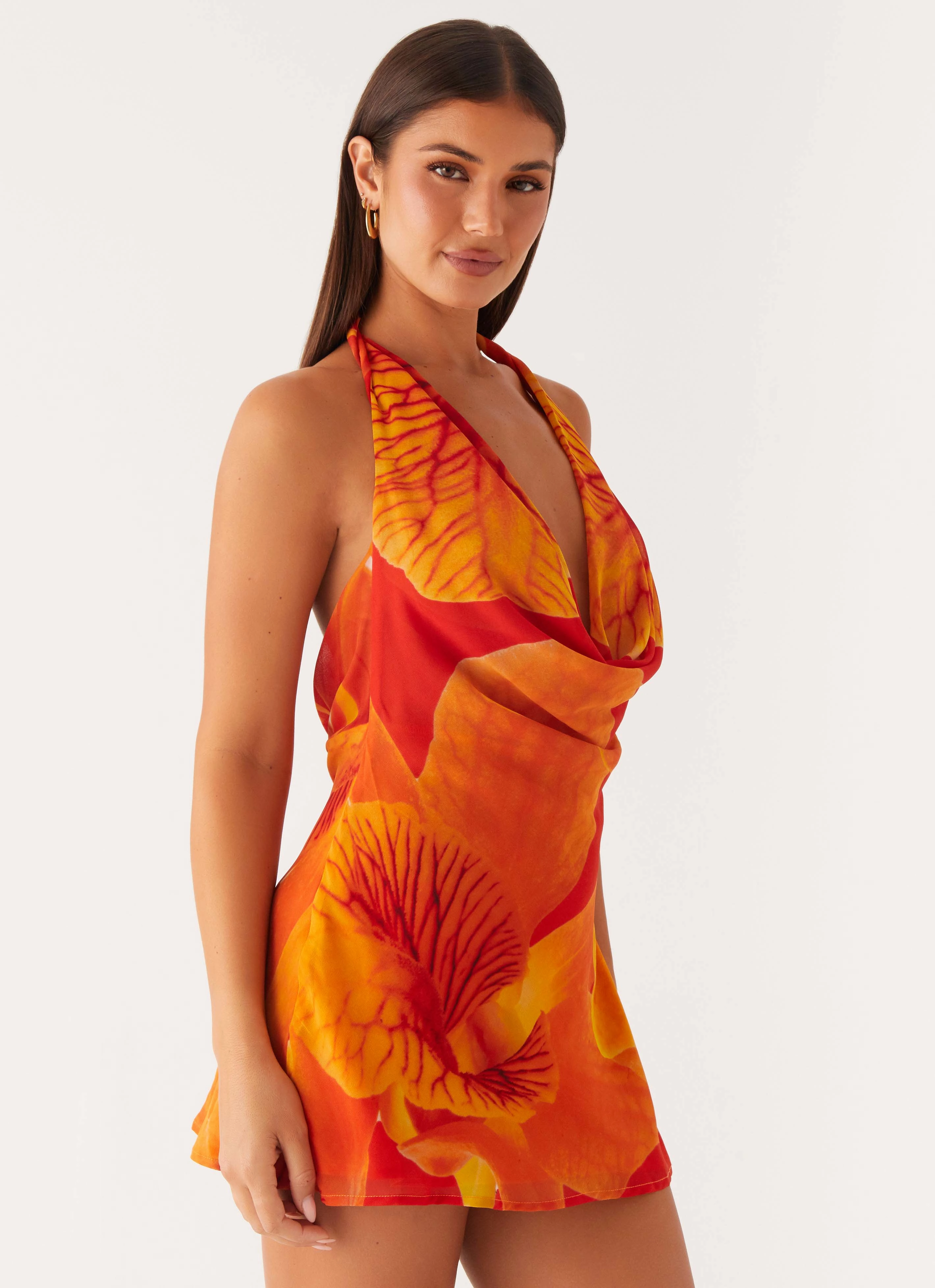 Solar Beam Cowl Mini Dress - Serene Orange Visual Balance Lightweight warm-weather dress