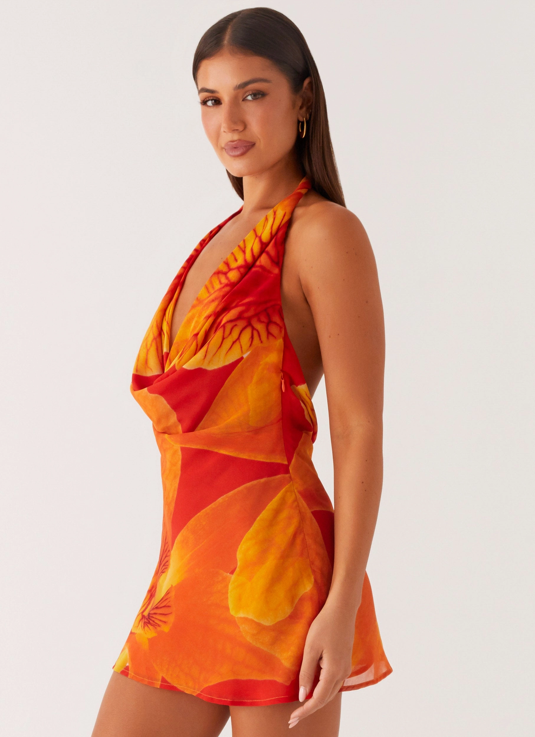 Solar Beam Cowl Mini Dress - Serene Orange Polite Vibe Pure Fabric