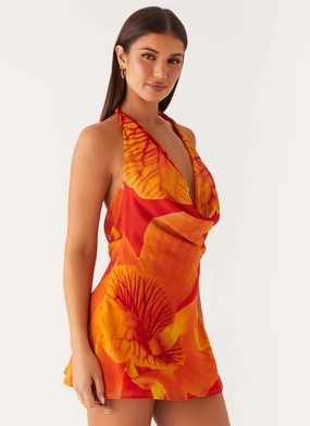 Solar Beam Cowl Mini Dress - Serene Orange Visual Balance Lightweight warm-weather dress