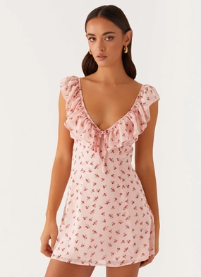 Adrina Ruffle Mini Dress - Pink Flower Polished Edge