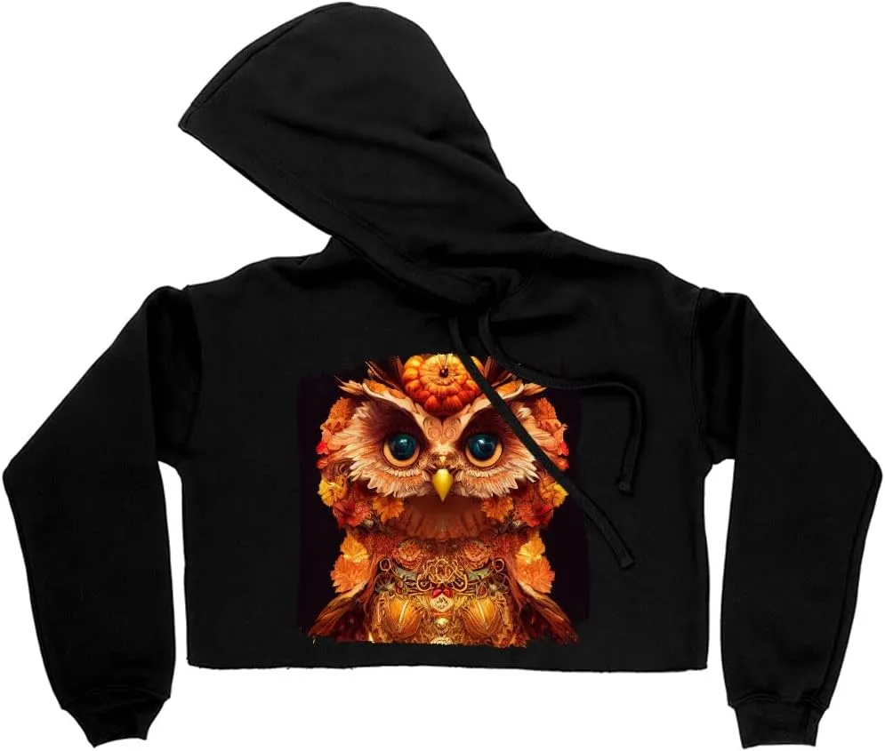 Fantasy Mythical Owls Women's Cropped Fleece Hoodie - Animal Print Cropped Hoodie for Women - Printed Hooded Sweatshirt