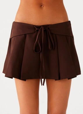 Dalia Dusk Pleated Mini Skirt - Chocolate Easy Fit Design Office Friendly