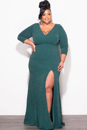 OdorResistantFinish Final Sale Plus Size Shimmer Gown with Front Slit in Green