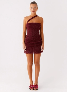 Misty Mesh Mini Dress - Maroon Balloon-Sleeve Vibrant Design