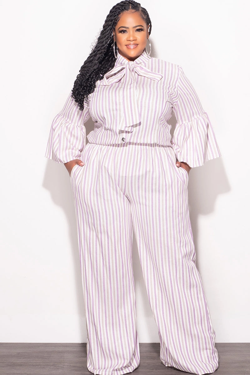Final Sale Plus Size 2pc Button Up Neck Bow Tie Bell Sleeve Top and Flare Pants Set In Multi Color Strip Print Timeless Design Seamless Technology