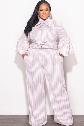 Final Sale Plus Size 2pc Button Up Neck Bow Tie Bell Sleeve Top and Flare Pants Set In Multi Color Strip Print Timeless Design Seamless Technology
