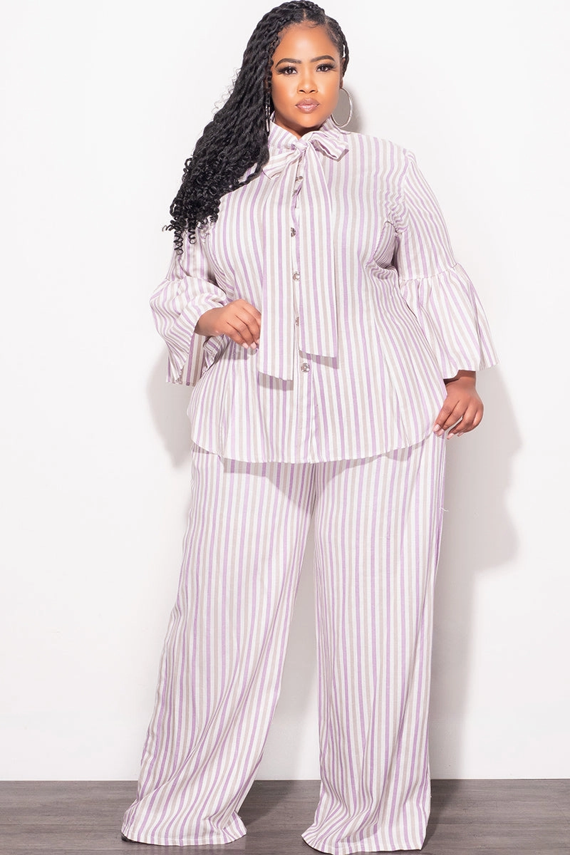 Flexible Comfort Wear Final Sale Plus Size 2pc Button Up Neck Bow Tie Bell Sleeve Top and Flare Pants Set In Multi Color Strip Print