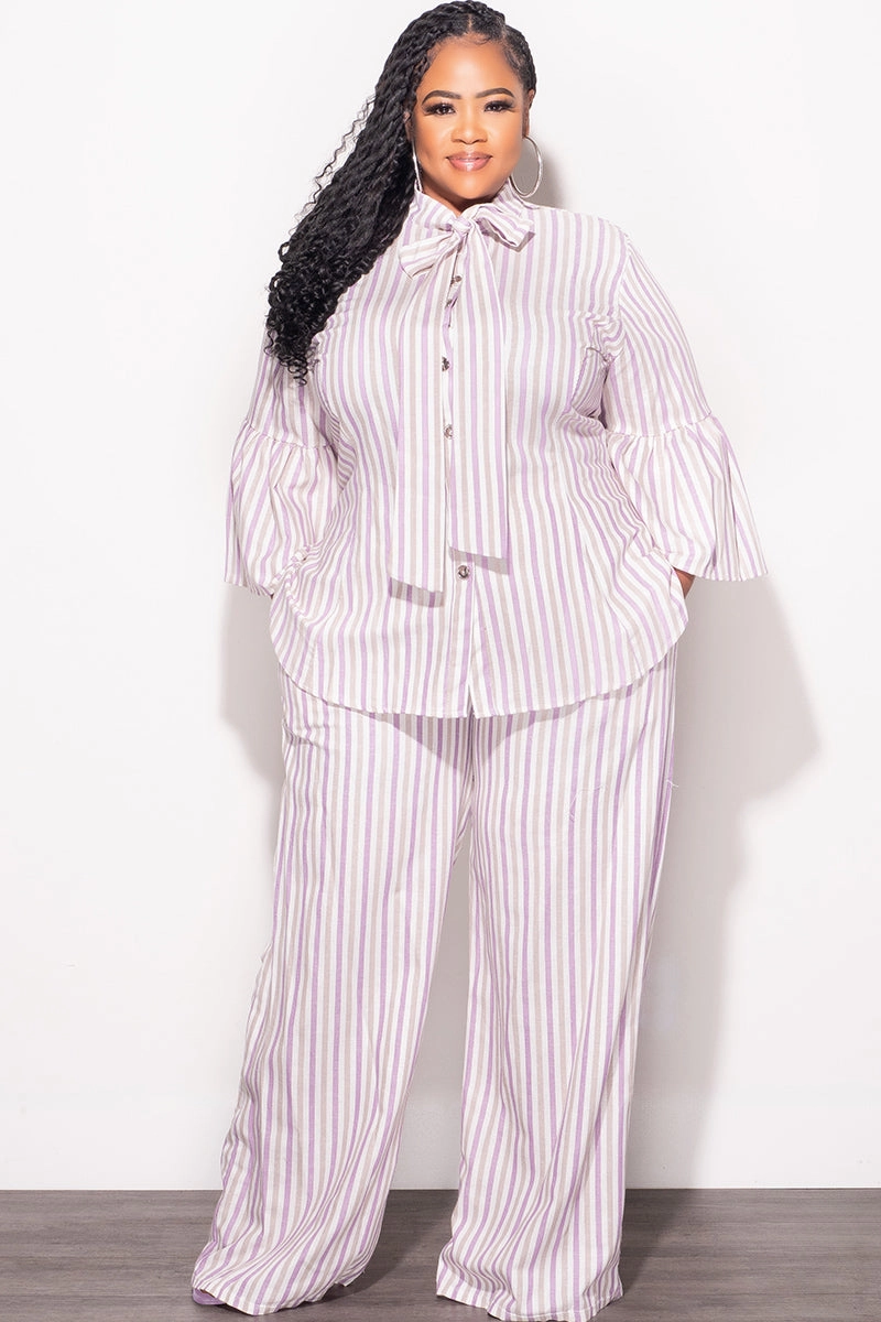 Final Sale Plus Size 2pc Button Up Neck Bow Tie Bell Sleeve Top and Flare Pants Set In Multi Color Strip Print Versatile Waist Flexible Cut