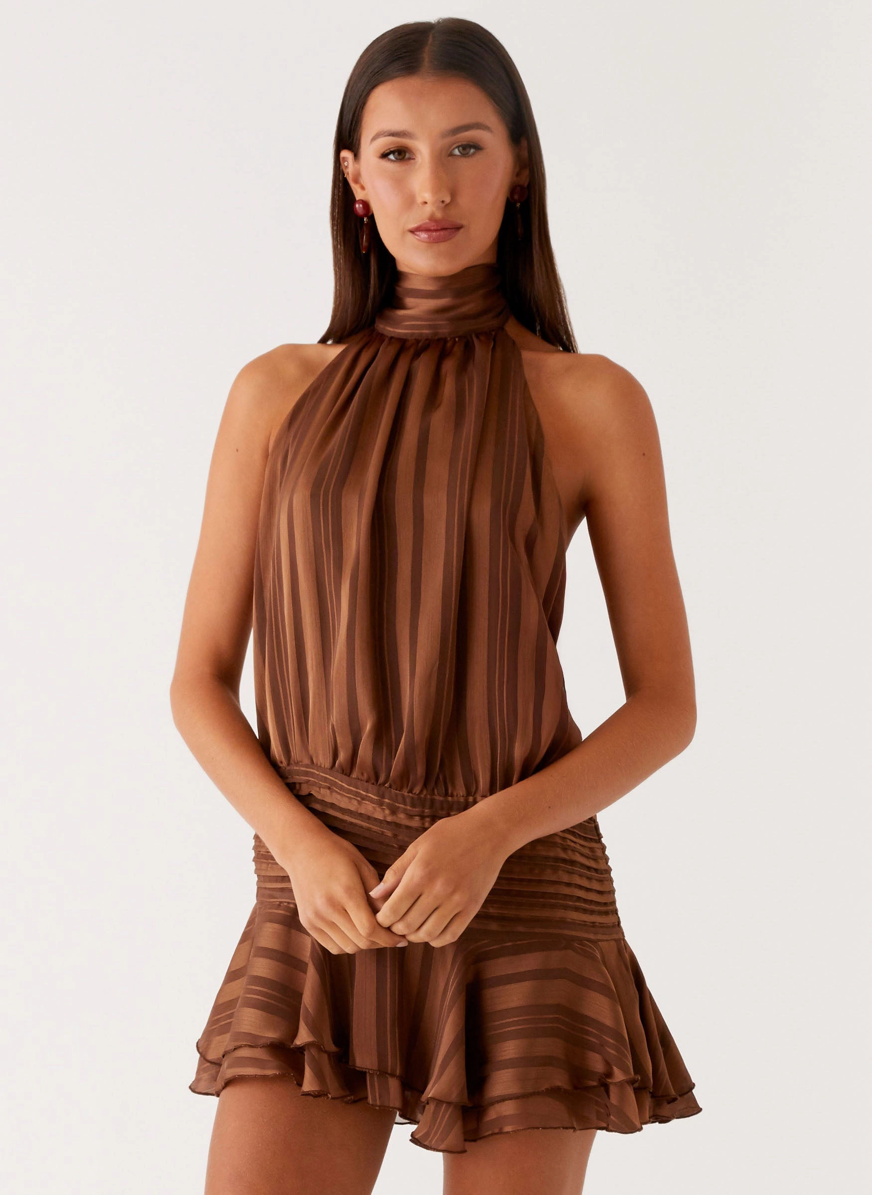 Willow Chiffon Mini Dress - Chocolate wrap waist