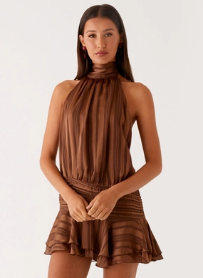 Willow Chiffon Mini Dress - Chocolate wrap waist
