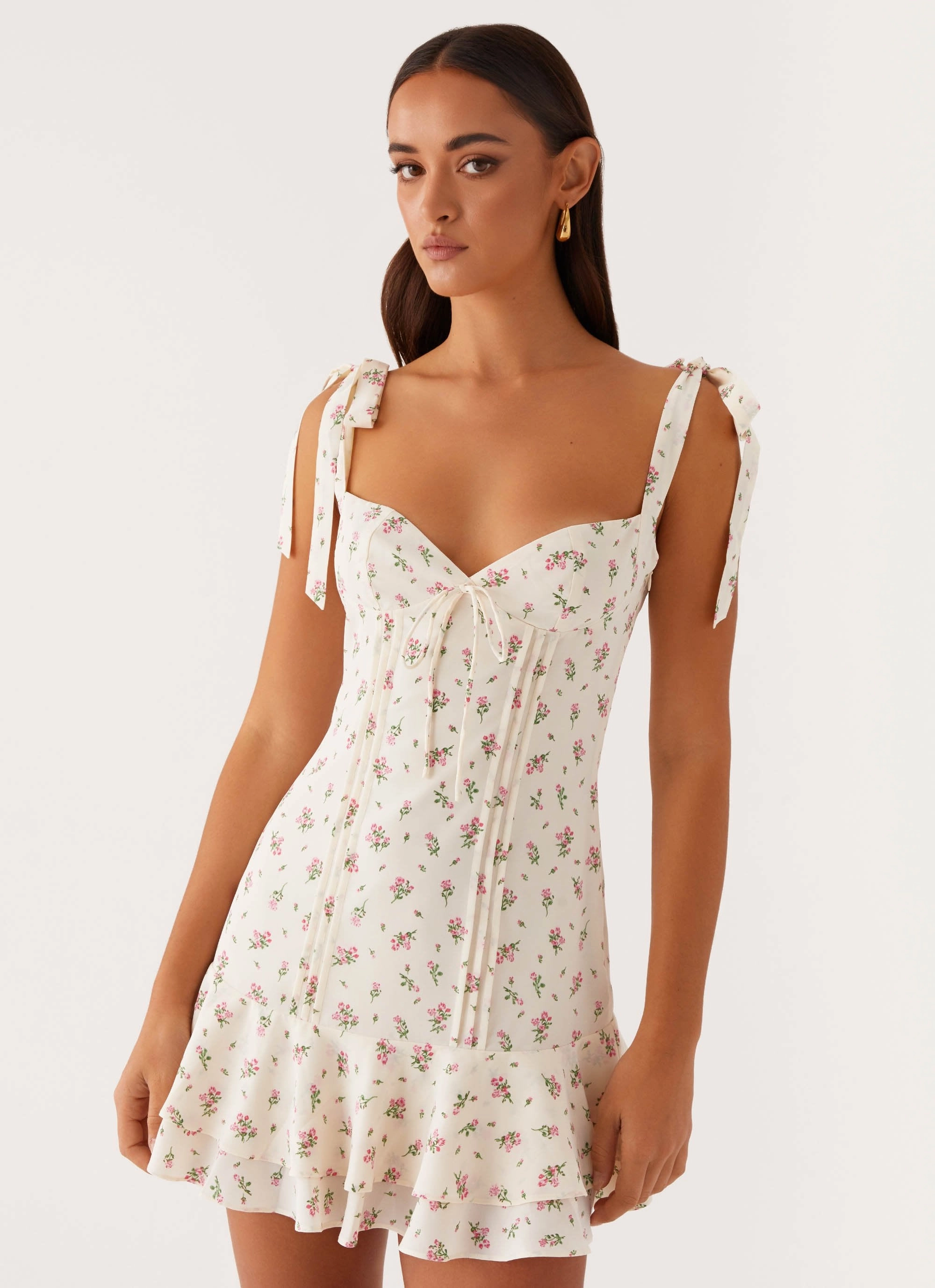 Breezy Style Drawstring-Closure Tova Mini Dress - White Flower