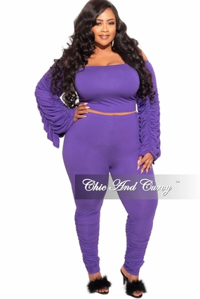 Final Sale Plus Size 2-Piece Set Ruched Top and Pants Set in Purple Secure Cuff Design Breathable mesh