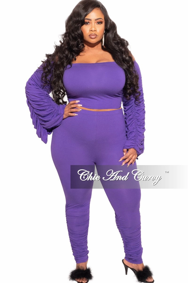 Final Sale Plus Size 2-Piece Set Ruched Top and Pants Set in Purple Durable Stitching