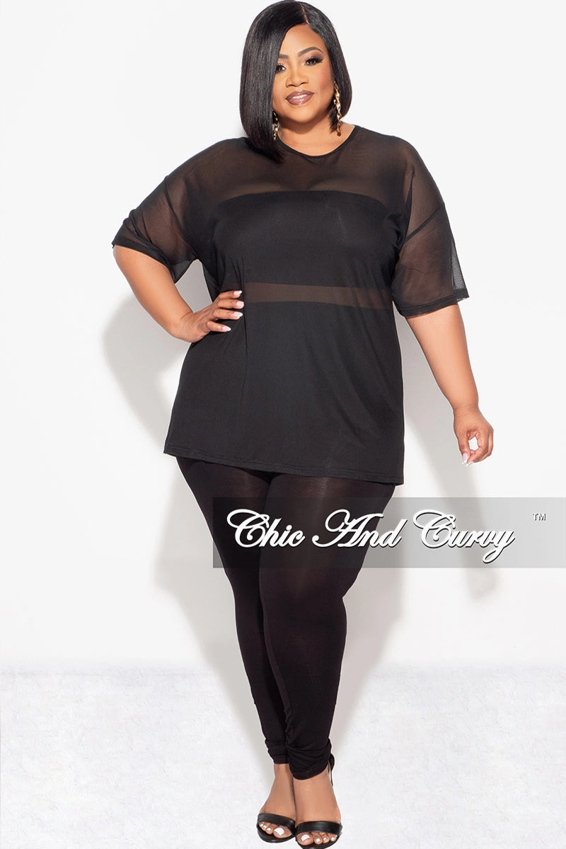 Final Sale Plus Size 3pc Set Mesh Top, Bandeau & Leggings with Briefs in Black High-rise waist Rubberized Hem