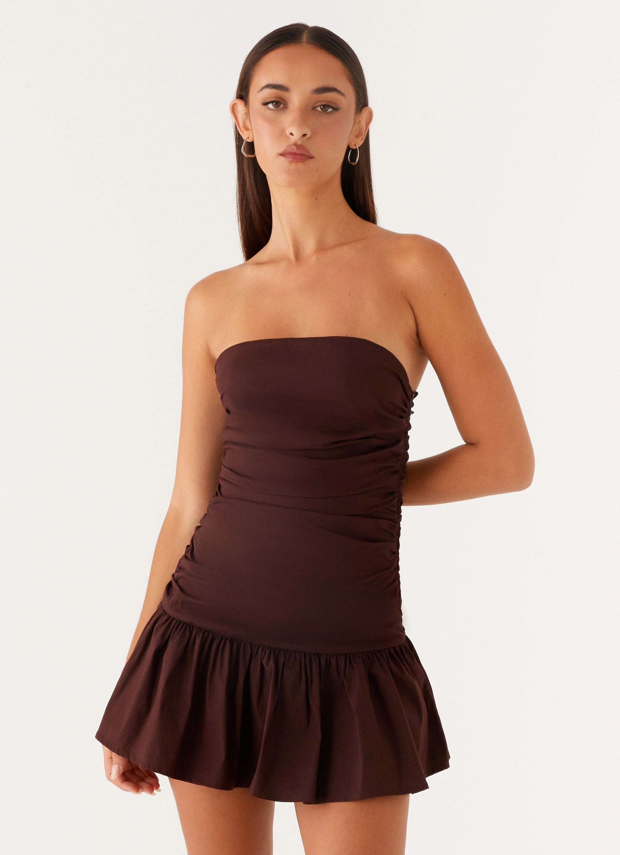 Texture Flow Sleek Waist Design Fit Carmel Mini Dress - Chocolate