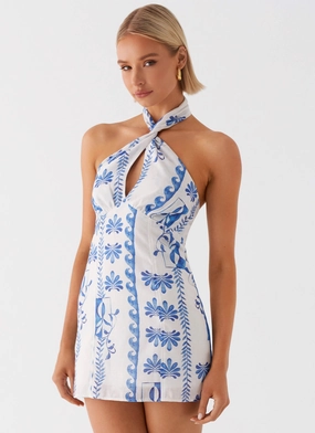 Romantic Vibes Sabine Linen Mini Dress - Floral Wave