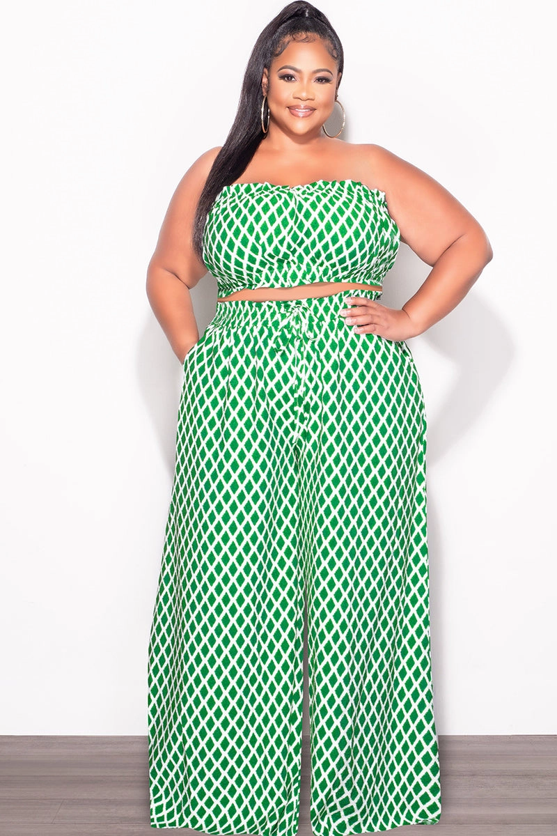 Final Sale Plus Size 2pc Strapless Crop Top and Flare Pants Set In Green & White Print Sport Layer Performance Ready