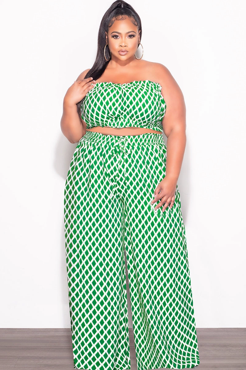 No Iron Final Sale Plus Size 2pc Strapless Crop Top and Flare Pants Set In Green & White Print