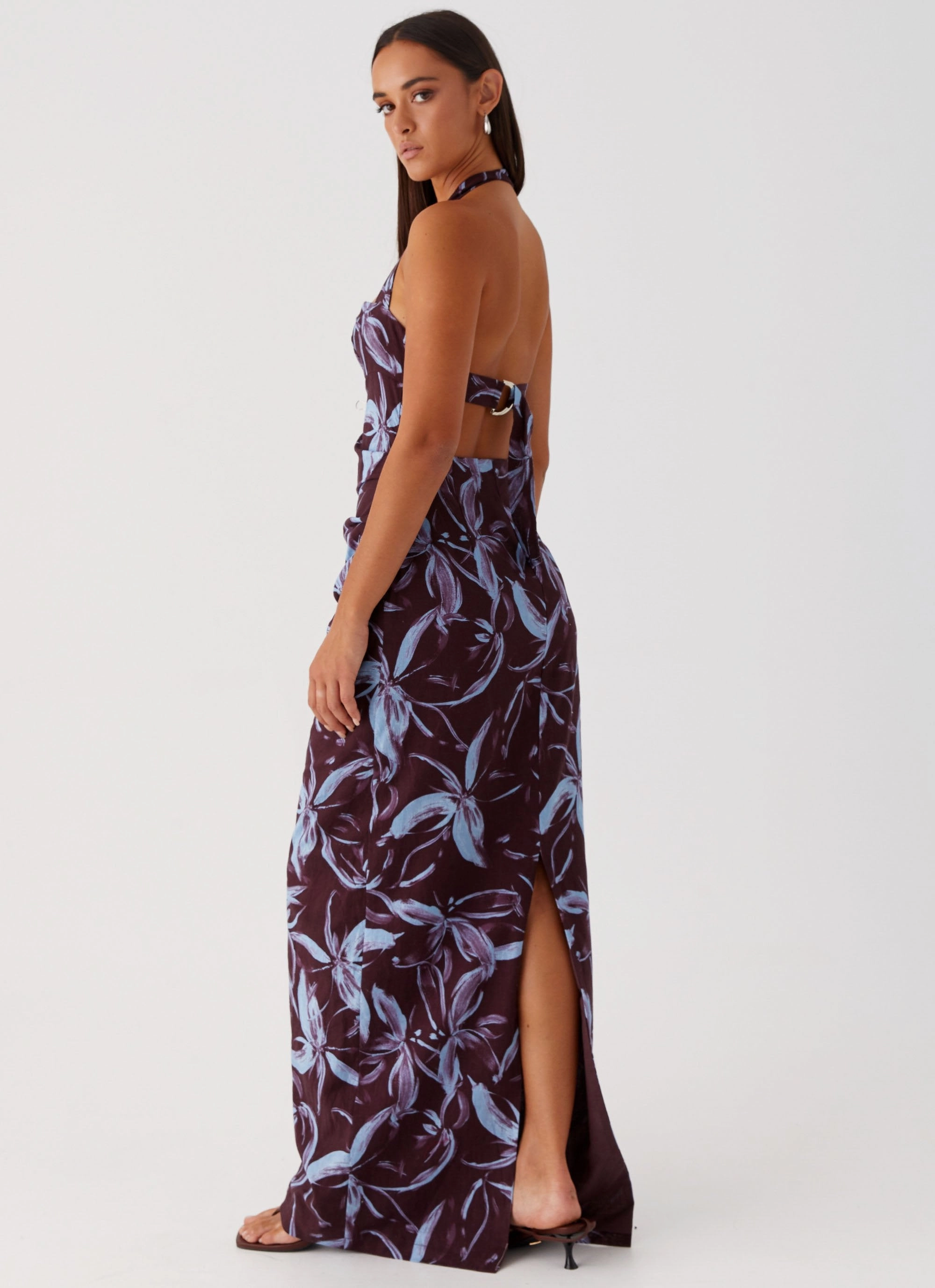 Fauna Halter Maxi Dress - Brown Purple Floral Minimal Tone