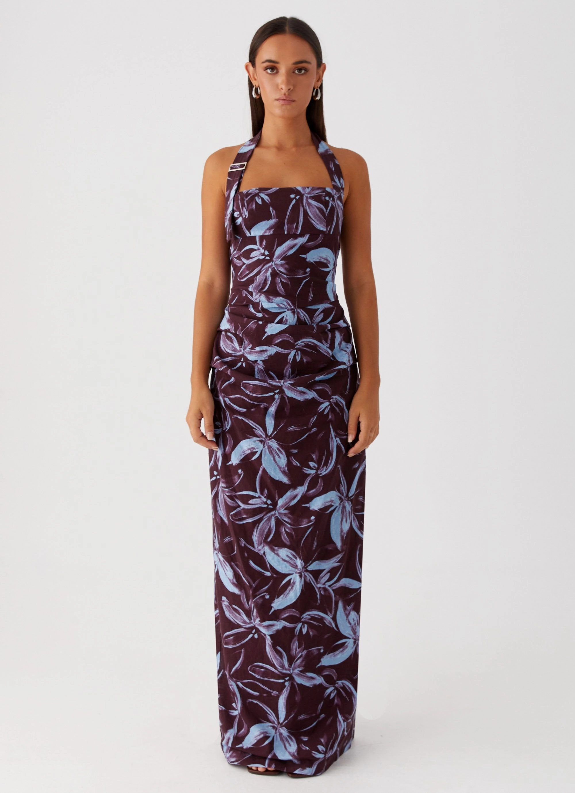 Fauna Halter Maxi Dress - Brown Purple Floral Chic and Elegant